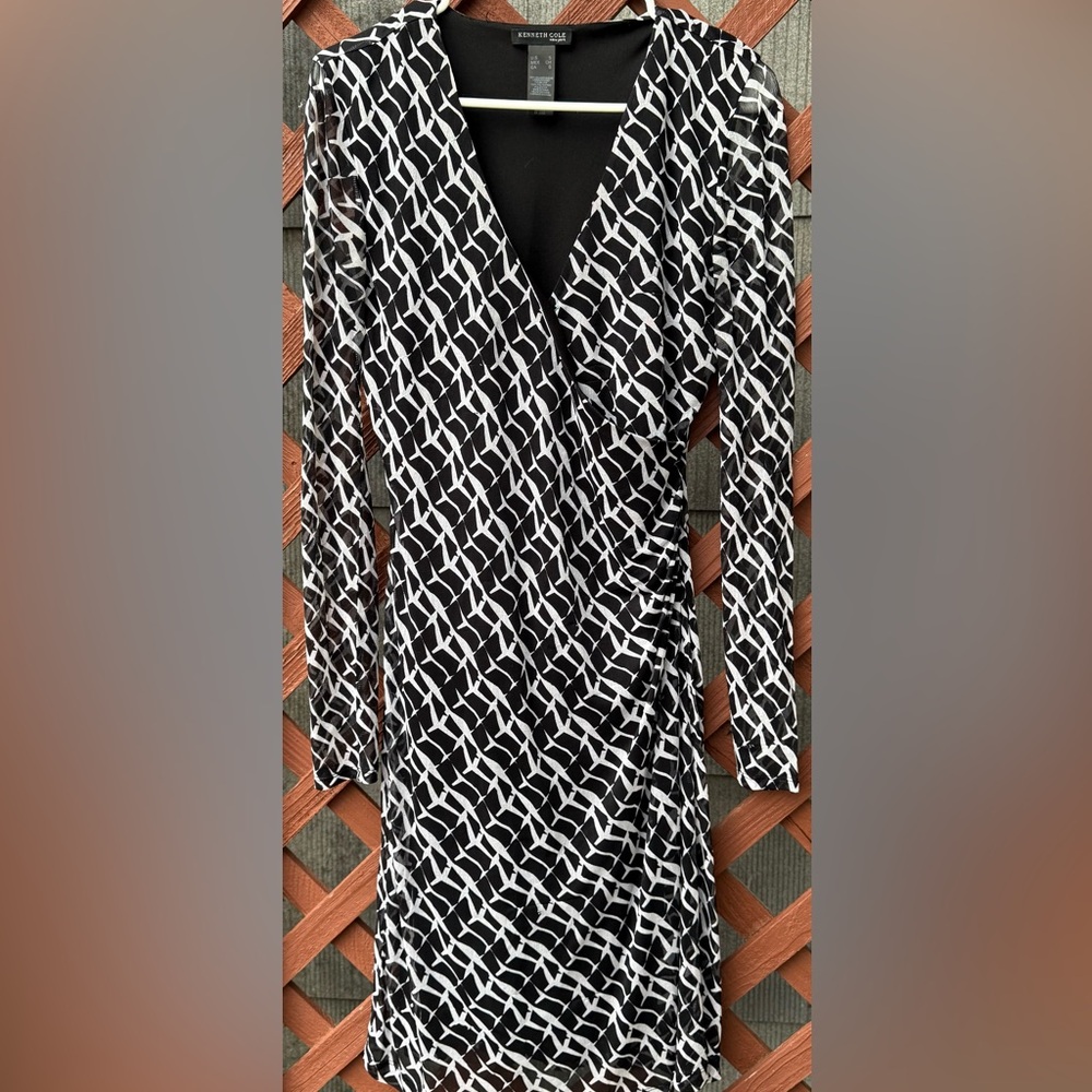 Kenneth Cole New York Black & White Silk Wrap Dress | Size S